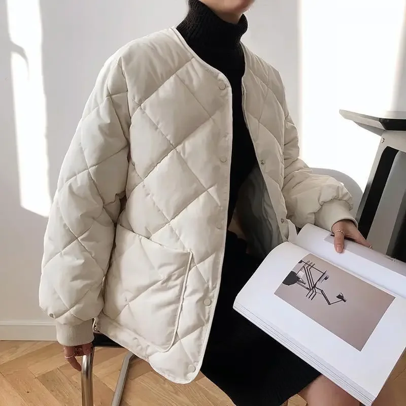 Women Autumn Winter Padded Jacket Thin Short Solid Color Rhombus Cotton Coat Korean Fashion Keep Warm Bread Coat Loose Plus Size