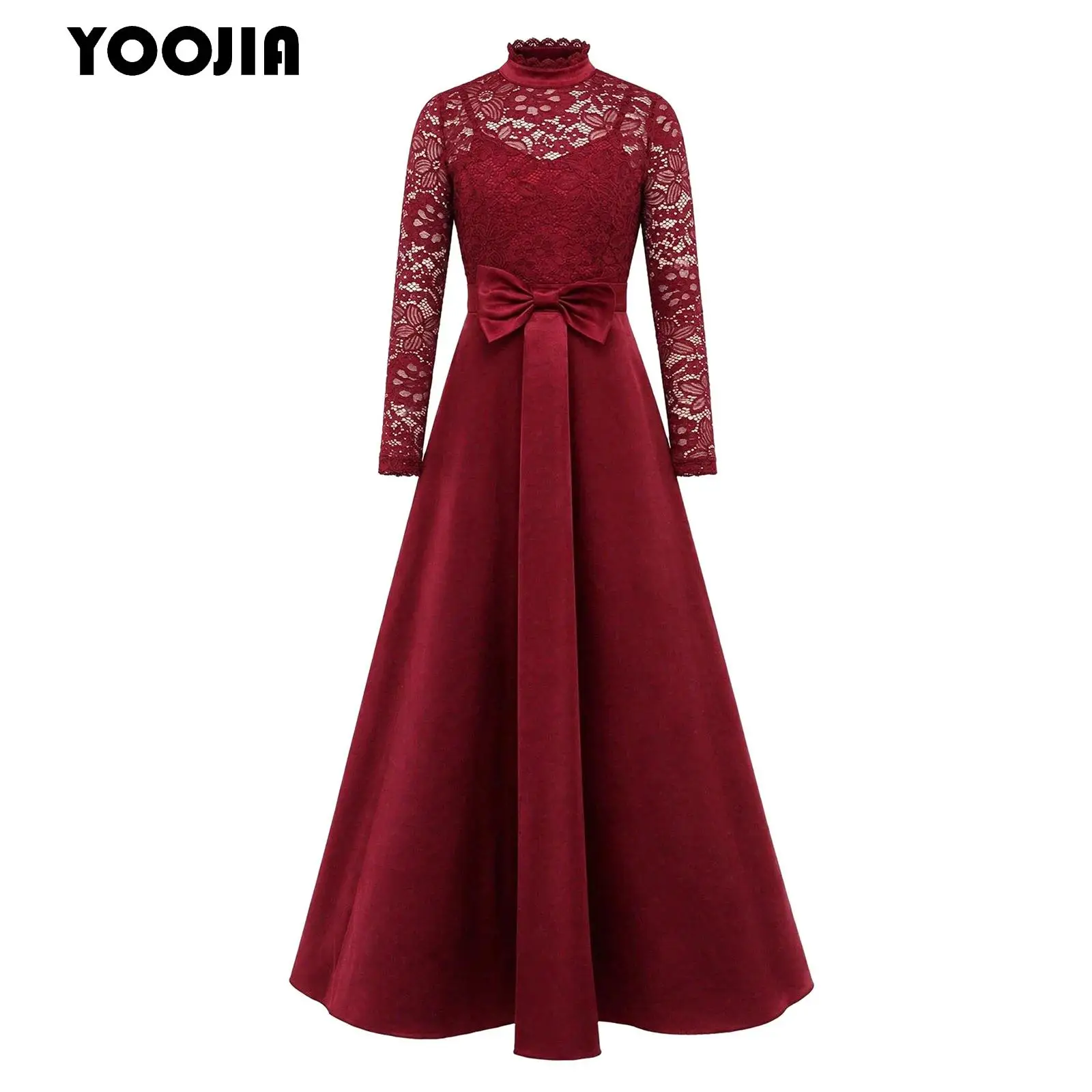 Elegant Girls Bow Party Gown Kids Long Sleeve Floral Lace Bodice Satin Dress for Wedding Pageant Birthday Holiday Celebrations