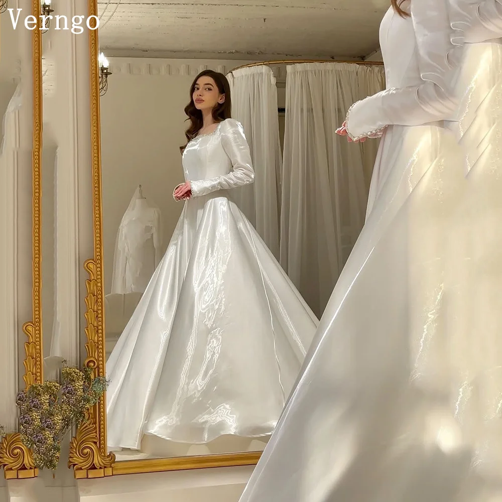 

Verngo Elegant A Line Wedding Dress O Neck Sequined Full Sleeves Princess Bridal Gowns Women Classy Bride Dress Customized