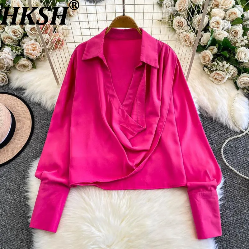 

HKSH Spring Autumn New Women Shirt Solid Color Lantern Sleeve Turn-down Collar Pullover French Elegant Trendy Casual Top HK11844
