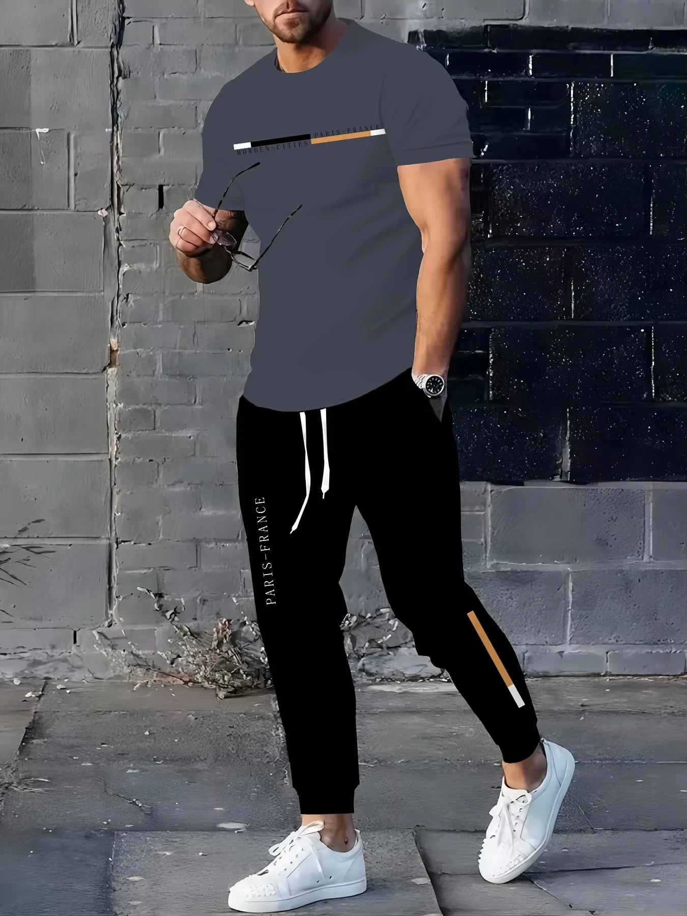 

2025 New Men's Summer Spliced Striped Print Breathable and Comfortable Round Neck T-shirt and Pants Set Outdoor Casual Wear