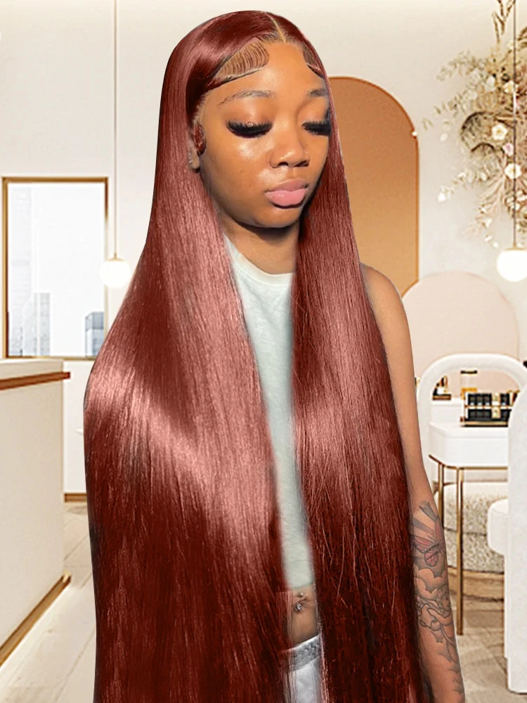 

Захватывающий парик из натуральных волос, 30/40 дюймов, темно-красно-коричневый, 13x 4