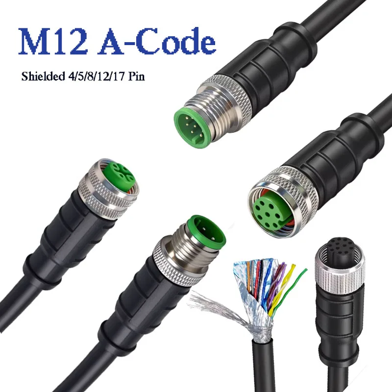 Cable de Conexión M12 de 4/5/8/12/17 Pines, Código A, IP67, Cable de Sensor Tipo A, Cable de Alimentación IO, Conector de Aviación Macho-Hembra Impermeable con Cable