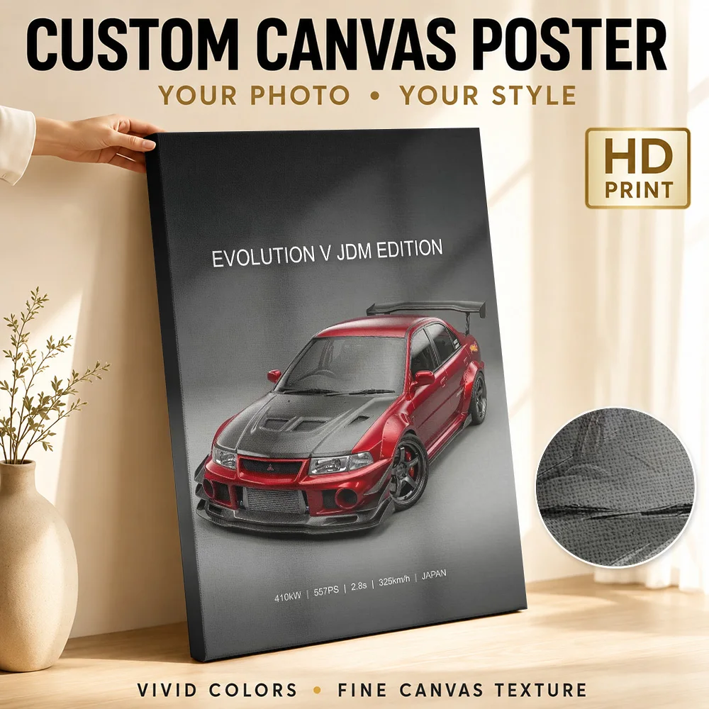 A striking red Sports Evolution V  car Framed Canvas Print Poster Customized Automotive Wall Paintings Decoration for Man Cave