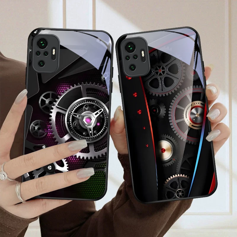 

Fashion Mechanical Gear For Redmi Note 8 9 9S 12S 10 Pro 11 12 13 Pro+ 14 Pro K60 Ultra 13C 14C A3 12 13 Black Glass Phone Case