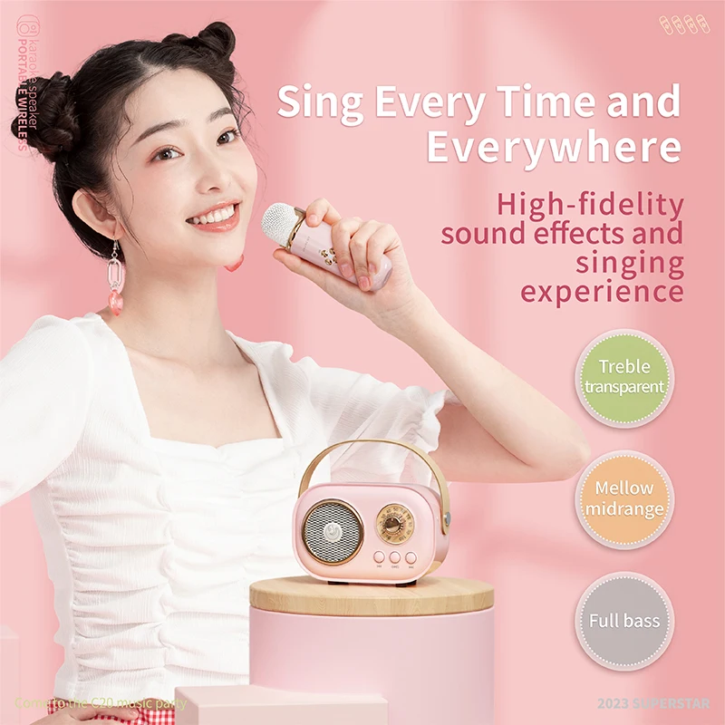 레트로 휴대용 가라오케 블루투스 스피커 홈 KTV 노래 스피커 HIFI베이스 스테레오 Handfree 통화 무선 마이크 FM 라디오