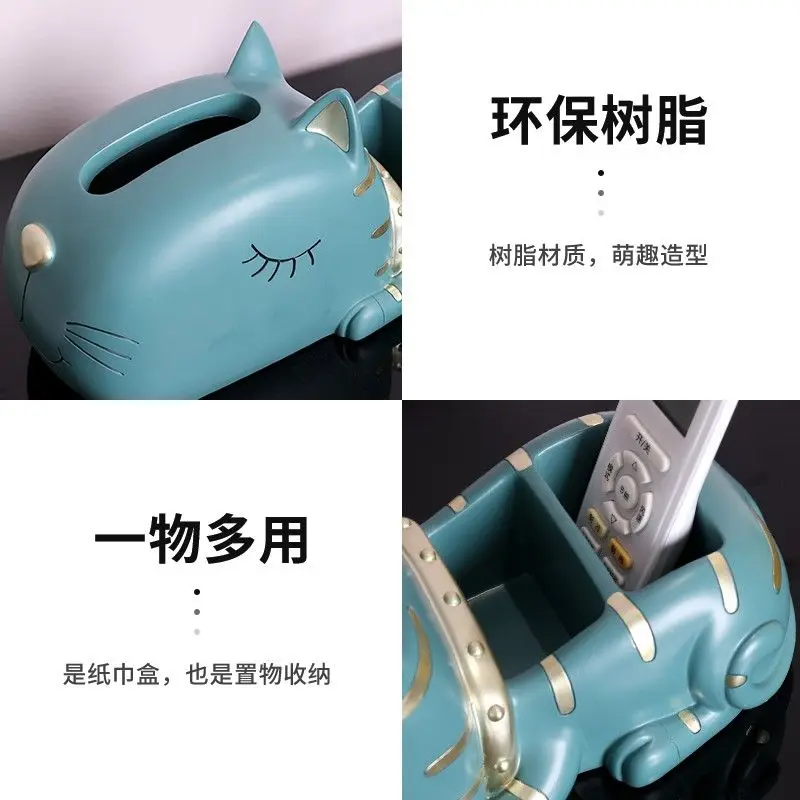 Mesa de té con adorno de gato y gatito, caja de pañuelos multifuncional, cartón para comedor, sala de estar, almacenamiento creativo con control remoto