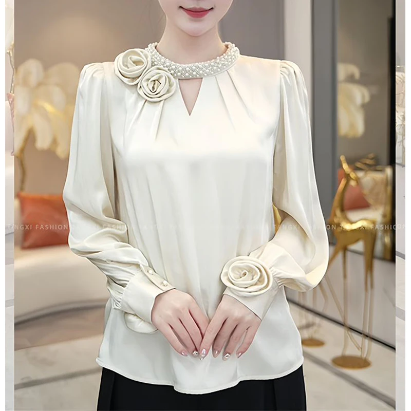 Women's Vintage Ruffle Hollow 3D Flower Blouse Office Lady Elegant Chic Luxury Commute Shirt Autumn Solid Long Sleeve Slim Tops