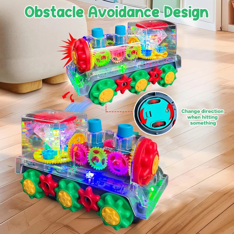 電動歩行小型電車のおもちゃ、透明なギア回転、カラフルな音と光、赤ちゃんへの理想的な贈り物