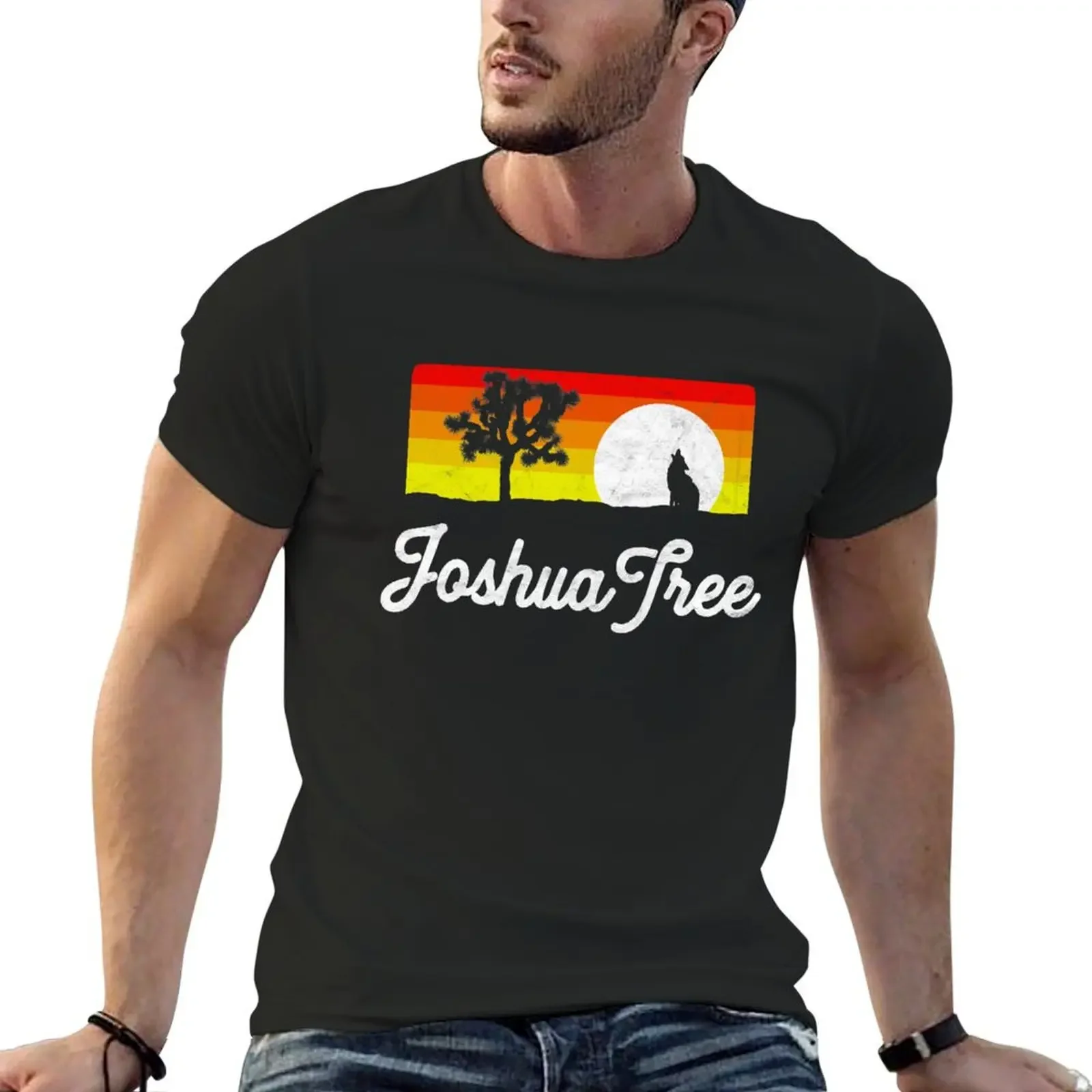 Joshua Tree National Park Coyote & Vintage Desert Sky Design T-Shirt quick-drying graphic tee shirt designer t shirt men