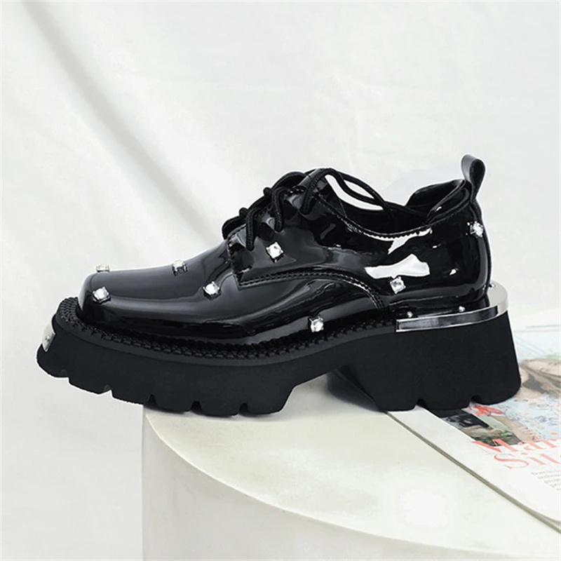 

Black Patent leather Metal Decoration Women Shoes Punk Square Toe Shallow Ladies Shoes Thick Bottom Hand-made Chaussures Femme