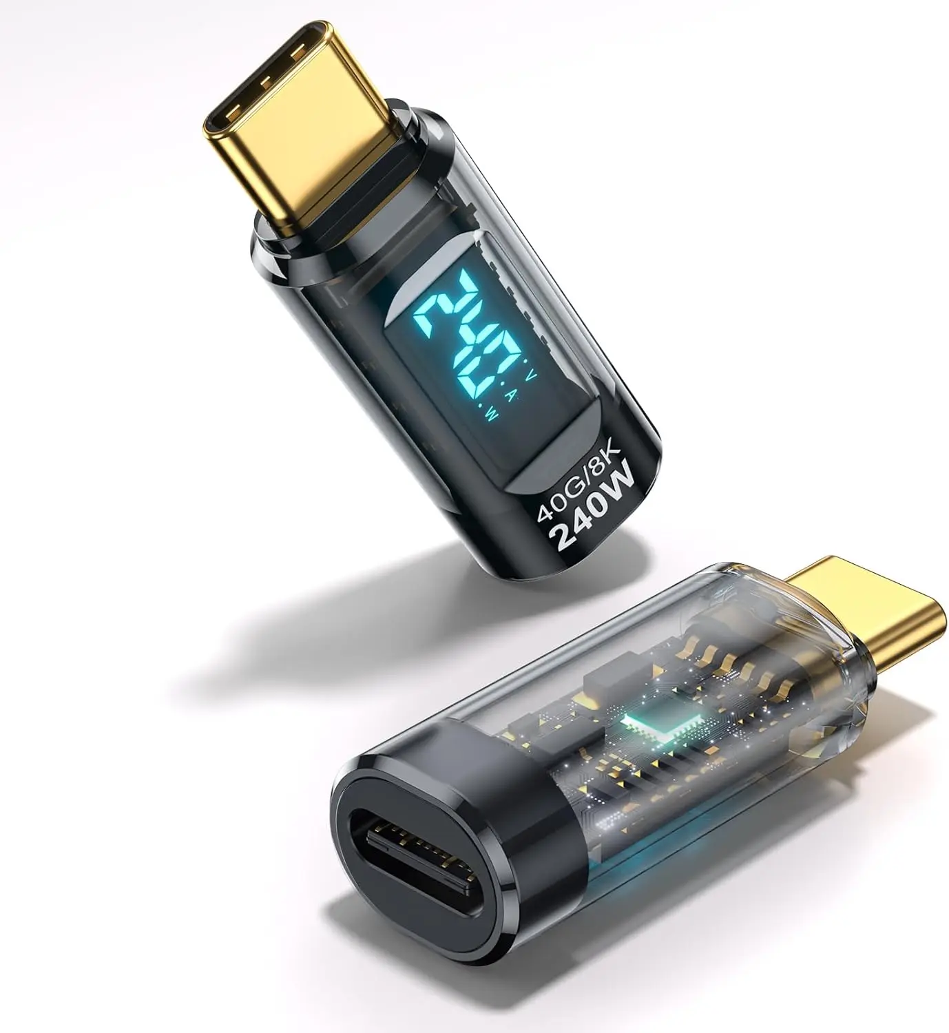 

240 Вт USB C адаптер измеритель мощности тестер прозрачный (2 упаковки) с яркостью цифровой дисплей, USB C штекер на USB C гнездо Extensio