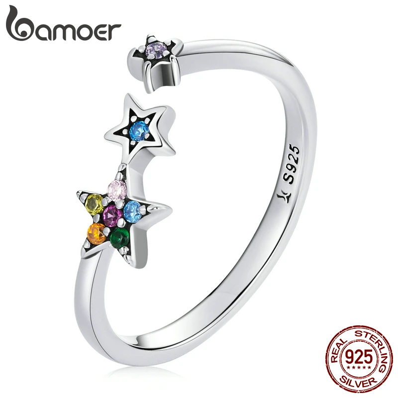 Bamoer Authentic 925 Sterling Silver Rainbow Crystal Star Ring Women Sterling Silver Adjustable Ring Fine Jewelry Wedding Gift