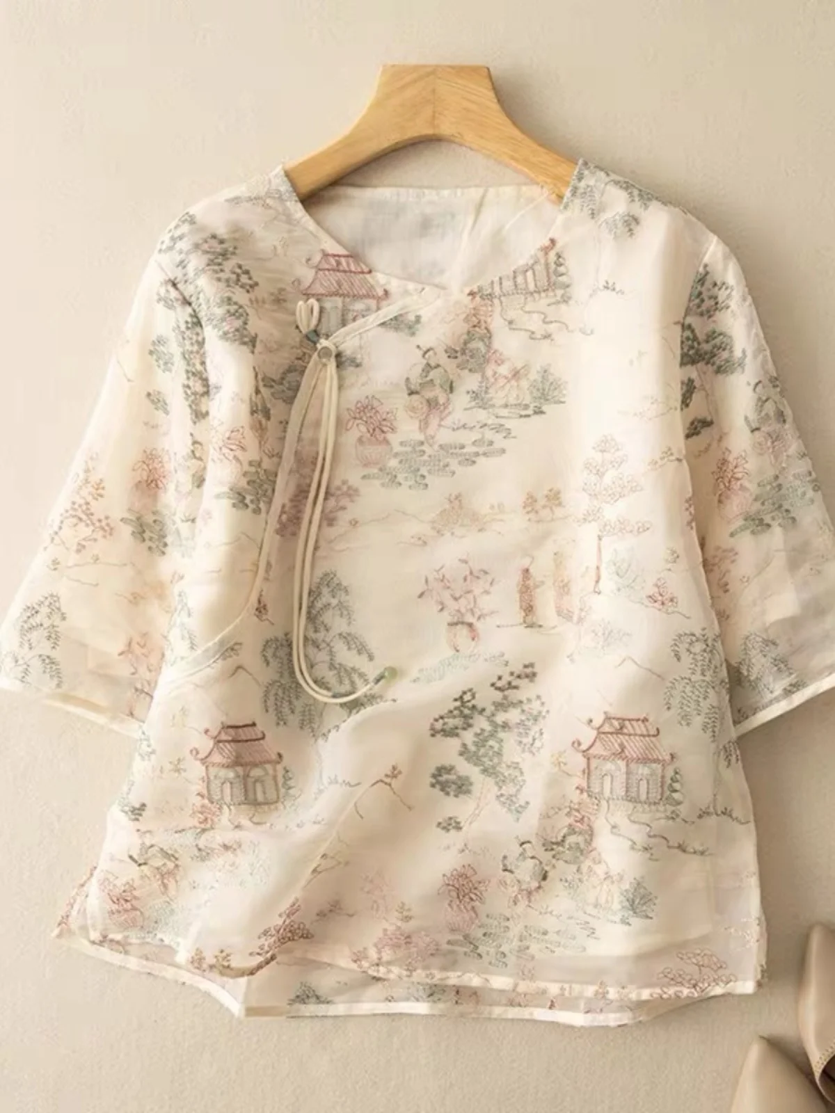 Ele besticktes irt chinesisches SLE-Top für Damen, neues Retro-Oberteil mit seitlichen Knöpfen, Sommer, Faion, Pendeln, lockere Passform, rund, neue...