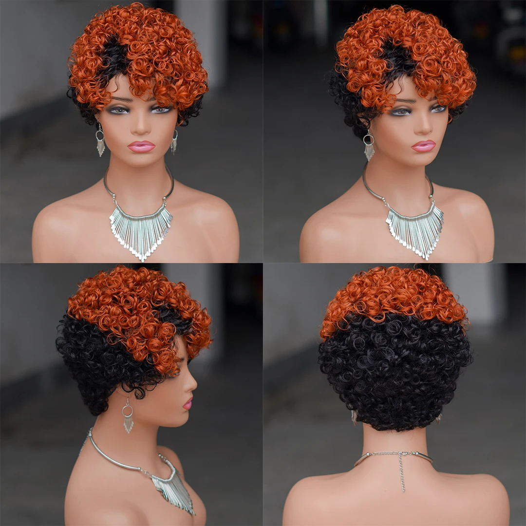 99J Red Rose Curly Short Bob Pixie Cut Human Hair Wig, #27 #4 Ombre Brown