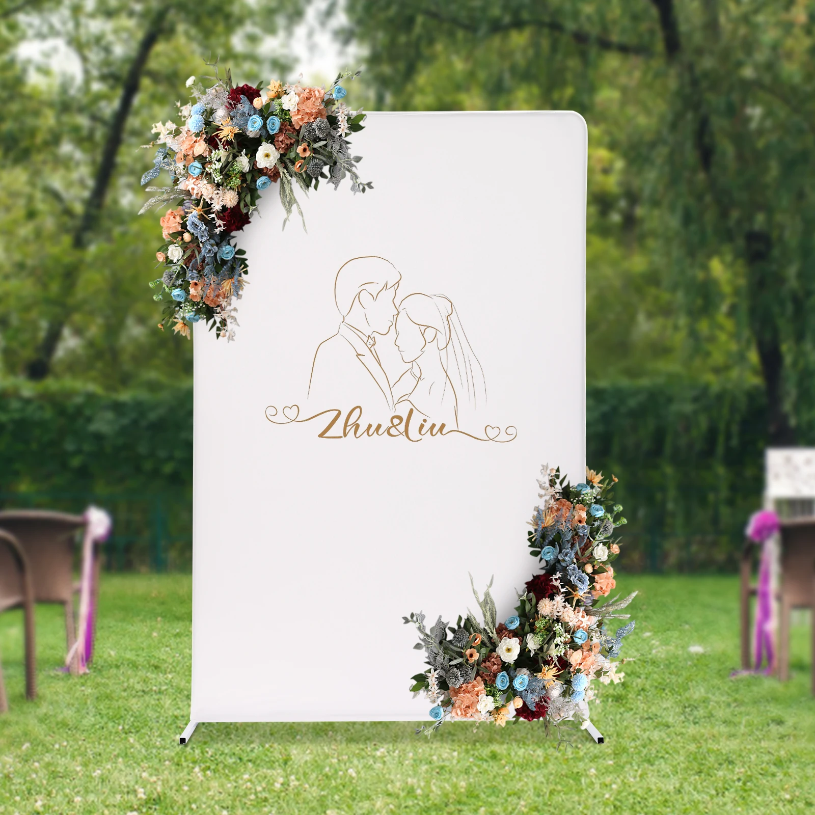 ฉากหลังงานแต่งงานสีขาวขนาด 4.92×6.56 ฟุต พร้อมโครงเหล็กขนาด 19 มม. รับน้ำหนักได้ 17.64 ปอนด์ — ประกอบได้โดยไม่ต้องใช้เครื่องมือ เหมาะสำหรับงานแต่งงาน