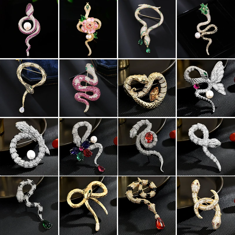 OKILY Ethnic Style Zodiac Snake Brooch Pin for Women's Clothing Broche Temperament Zircon Pearl Animal Pins Corsage Accessories