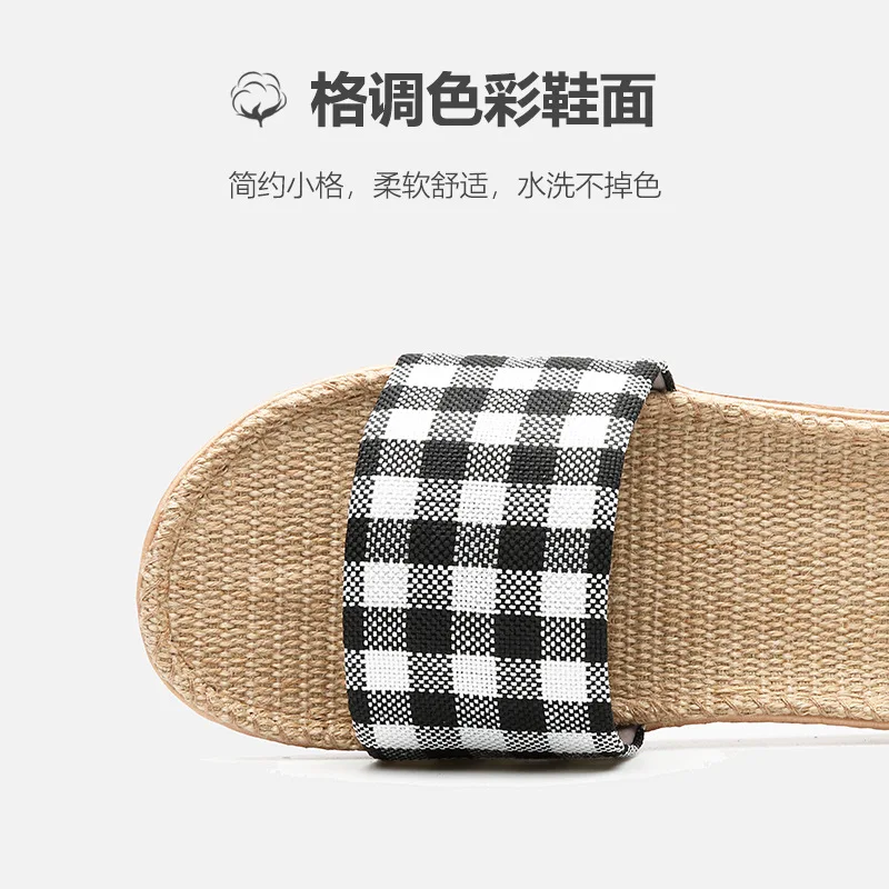 Mntrerm New Linen Slippers For Summer Men\'s Non Slip Spring And Autumn Home Floor  Shoe Home Floor Plaid Slippers