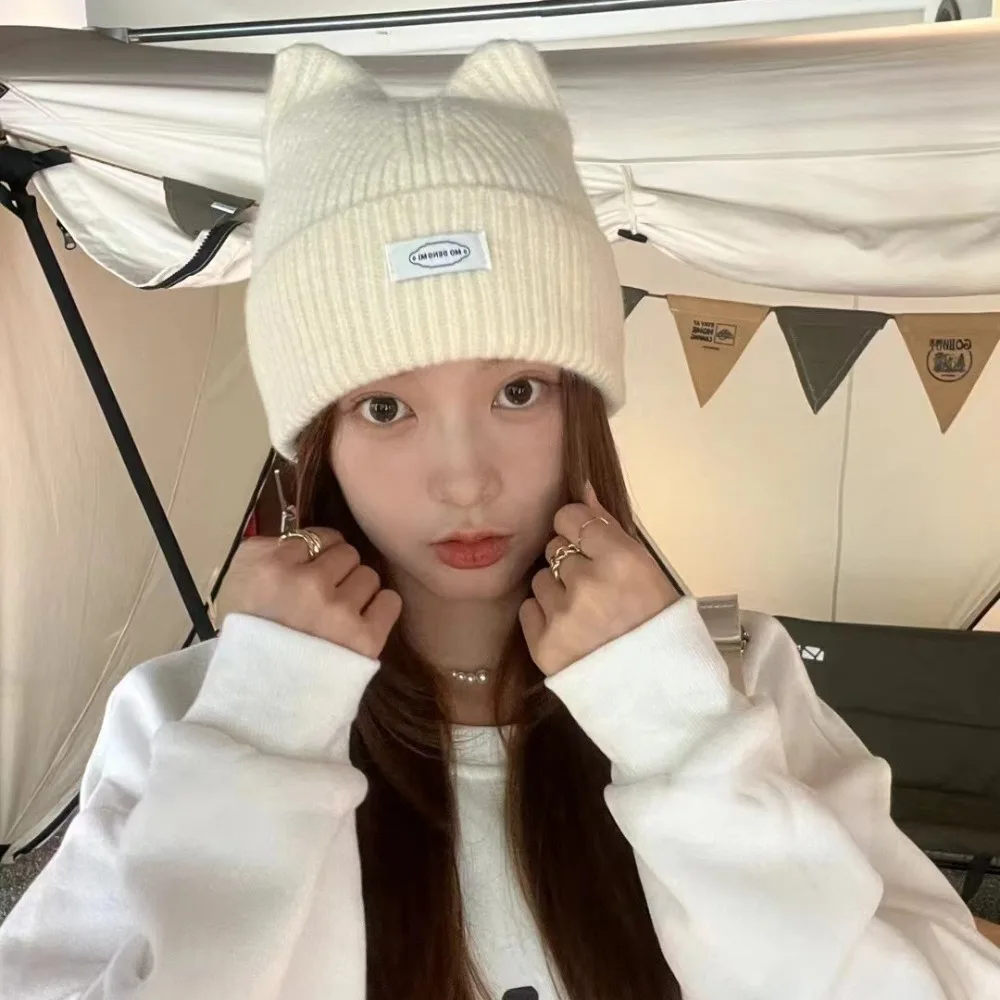 Korean Version New Cute Cat Ear Letter Patch Knitted Hat Women's Autumn and Winter Thickened Warm Versatile Simple Beanie Cap