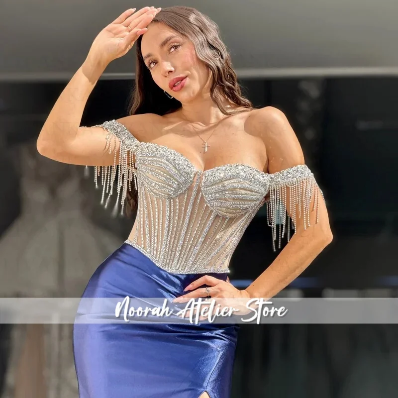 سباركلي أحجار الراين فساتين السهرة عالية الشق الطيات الحبيب قبالة الكتف فساتين الحفلات رداء دي سواريه هبوط السفينة