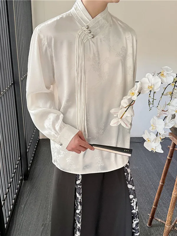 

Мужская рубашка в стиле ретро-ханьфу с длинным рукавом, улучшенный дизайн с пуговицами и кисточками, модный тренд весна-лето