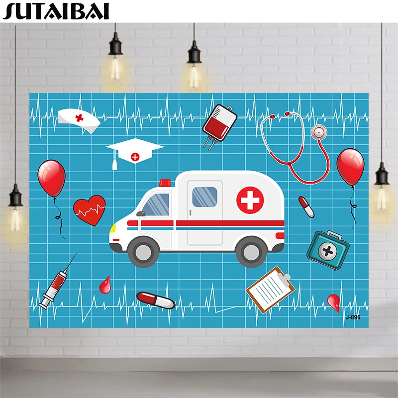 Doctor Nurses Theme Backdrop Hospital Doctor Cartoon Ambulance Pill Hearing Aid Print Backdrops for Photography Studio Banner