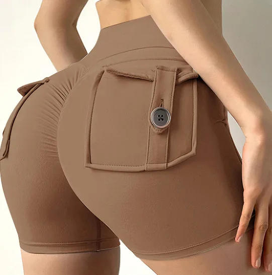 Ropa de trabajo de cadera de melocotón para mujer, pantalones cortos ajustados, pantalones de Yoga con botón de levantamiento de cadera elásticos de cintura alta, pantalones deportivos para correr de secado rápido