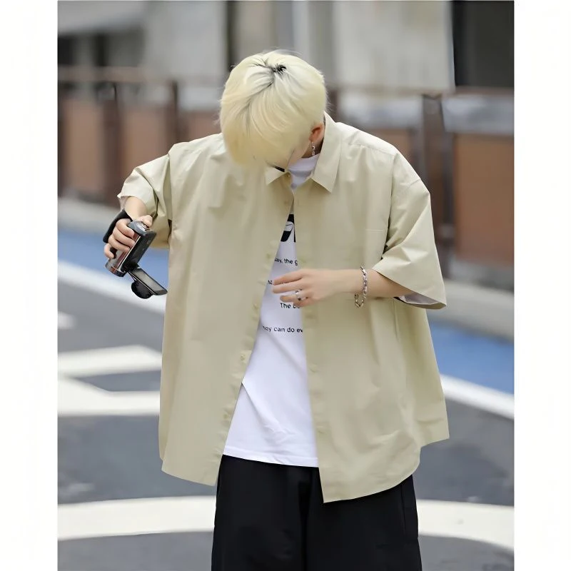 

Solid Thin Japanese Harajuku Korean Style Short Sleeve Shirt Men Oversized Blouses Summer Cardigan 2023 White Fashion Casual Top