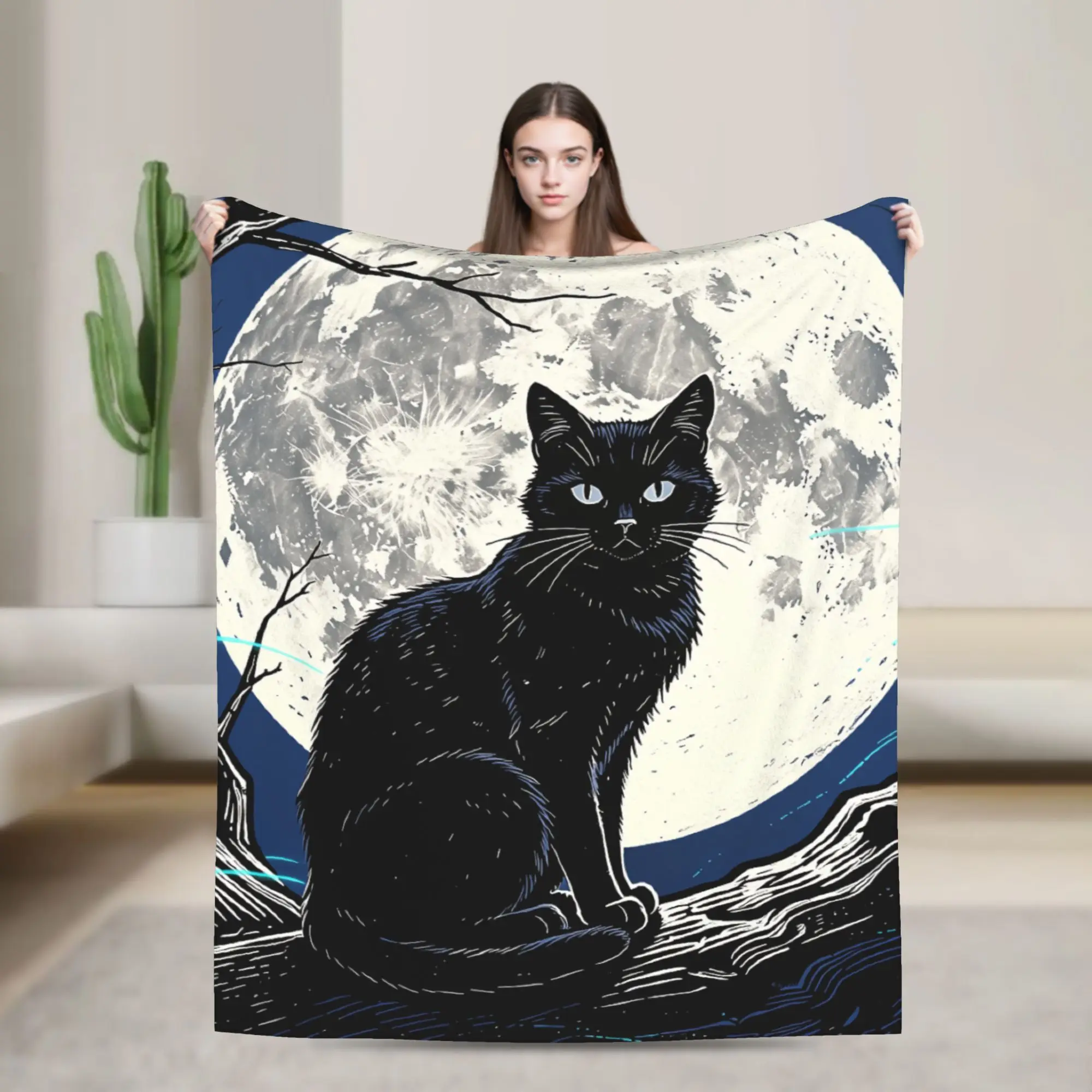 Halloween Black Cats Fleece Throw Blanket Moon Gothic Blankets for Bed Office Lightweight Quilt