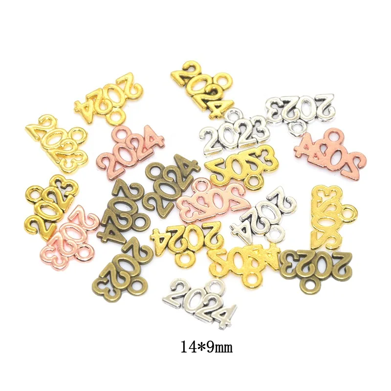 50/60pcs 14*9mm Number 2023&2024&2025 Year Charms Alloy Metal Souvenir Pendant For DIY Handmade Jewelry Pendant Making Wholesale