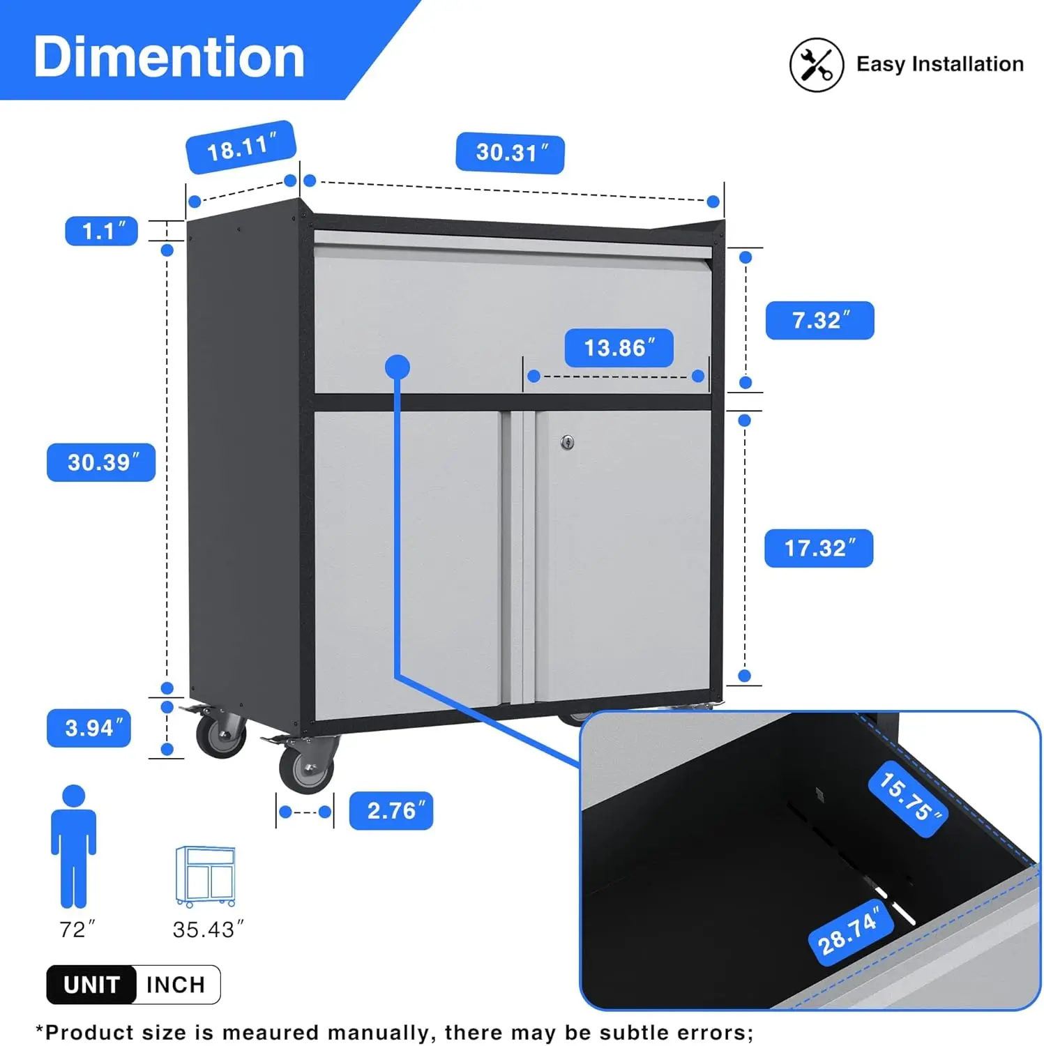 Gabinete de metal con ruedas/cajones, gabinete de almacenamiento con ruedas, gabinete de herramientas con ruedas, gabinete de garaje con ruedas con 2 puertas