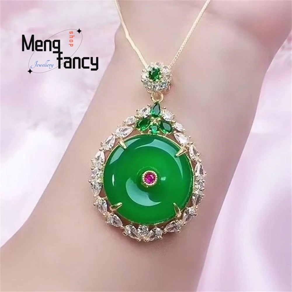 

Natural Pink Chalcedony Stone Inlaid Peace Green Agate Pendant "Temperament" Couple Fashion Jewelry Elegant Luxury Holiday Gifts