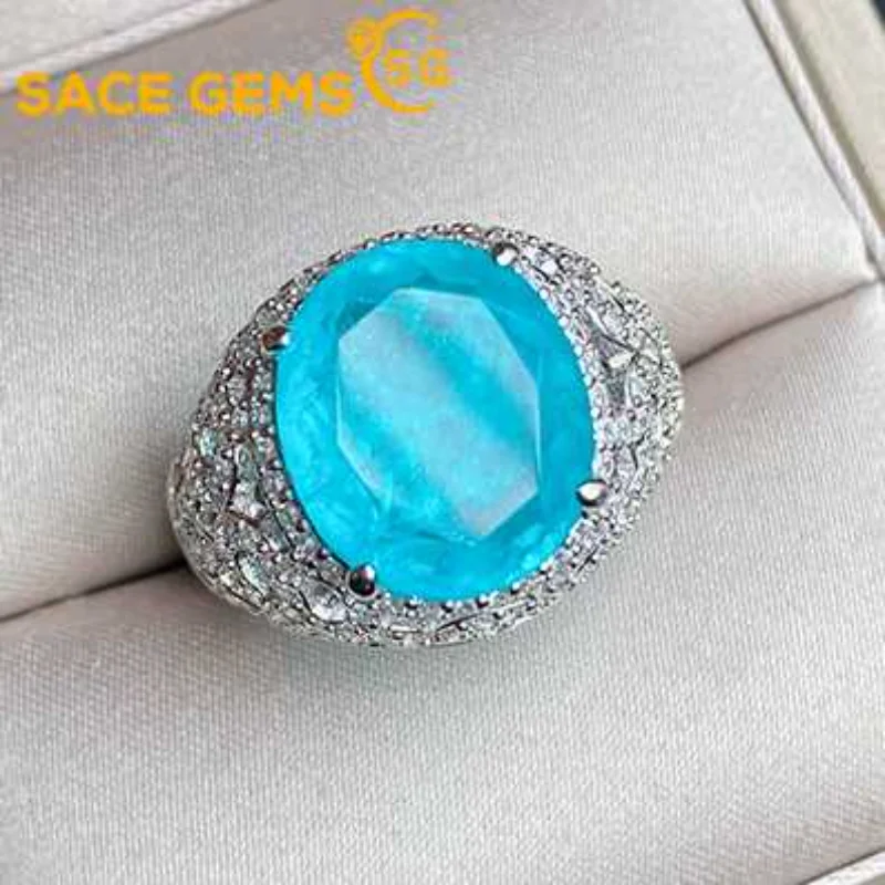 SACE GEMS 925 Sterling Silver Fashion Rings for Women Elegant 12*14MM Paraiba Tourmaline Engagement Wedding Fine Jewelry Gift