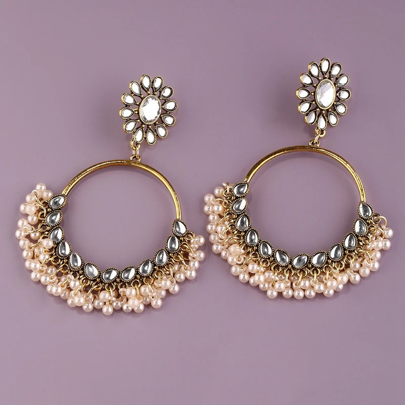 Luxury Coffee Zircon Indian Bride Wedding Earring Femmes Jhumka Jewelry Pearl Tassel  Crystal Flower Round Dangle s For Women