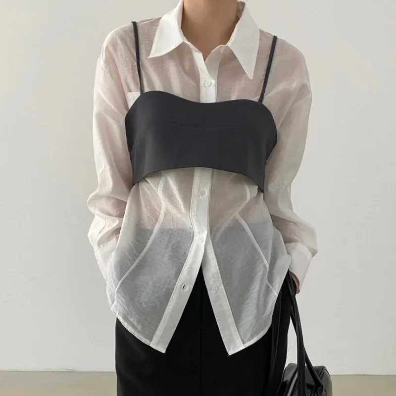 

Simple Lapel Neck See Through Long Sleeve Sun Protection Coat Women+ Summer Strapless Camisole Vest 2025 New Two Piece Sets