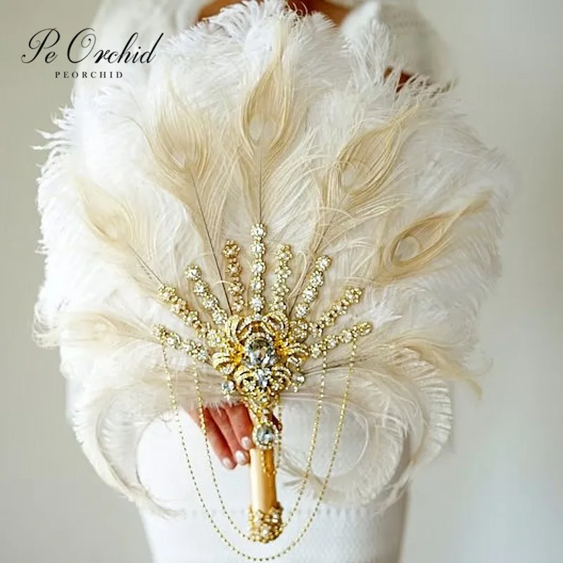 PEORCHID Gold Bridal Fan Brooch Bridal Bouquet Ivory Ostrich Alternative Feather Gatsby 1920s Art Deco Wedding Bridal Fan Gift