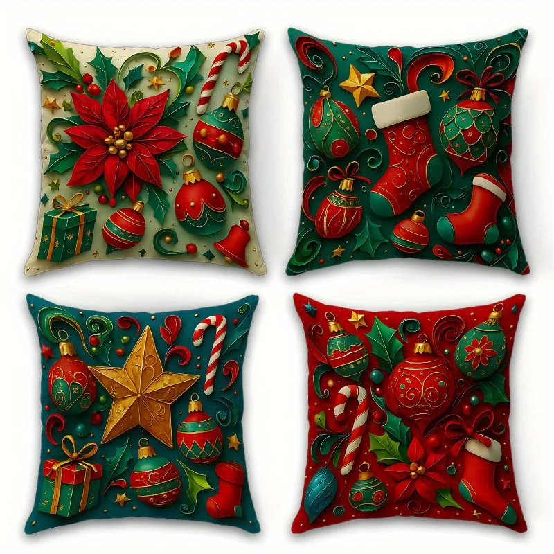 4pcs Bohemian Christmas Pillow Covers, Poinsettia Holly Berry Ornament Print, Polyester Zippered for Living Room Sofa Decor