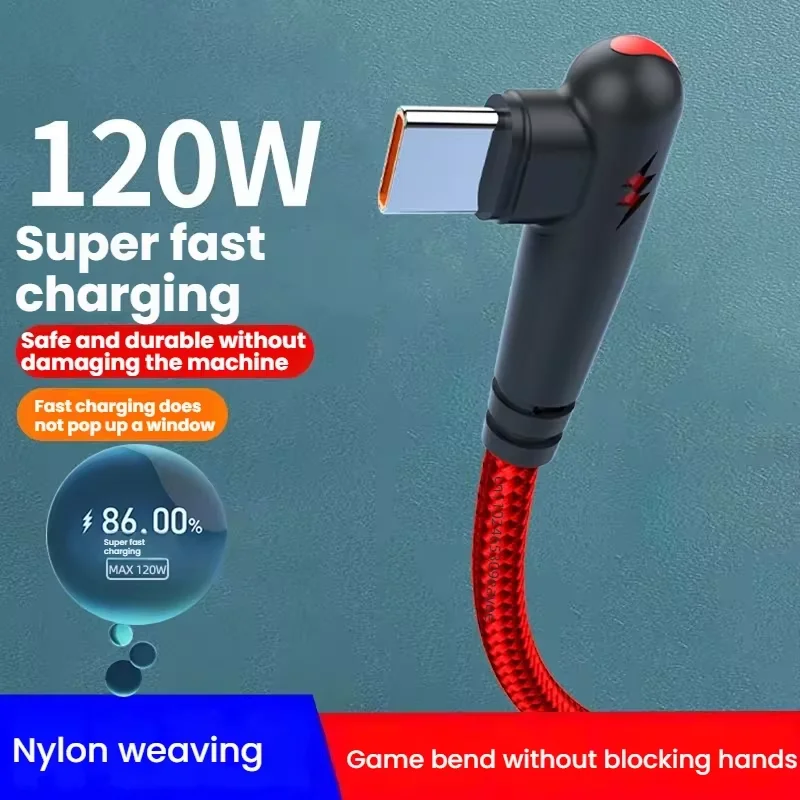 PD 120W 90° Elbow USB To Type C Fast Charging Data Cable Quick Charge USB-C Phone Charger Cord For Oneplus Samsung Xiaomi Huawei