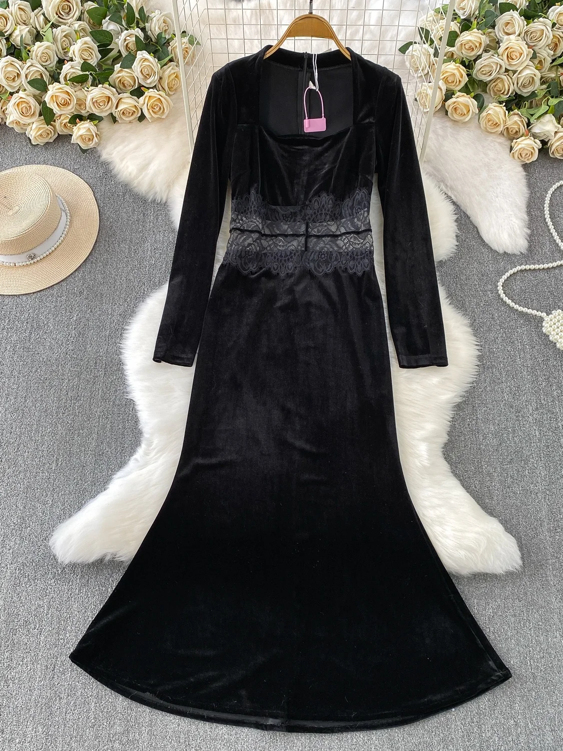 Hebe Sle Ele Velluto Wrap Dr con giunture in pizzo Inverno Slim Fit Fi Tail Abito a vita alta Lungo Sve Ci Pendolarismo Dr