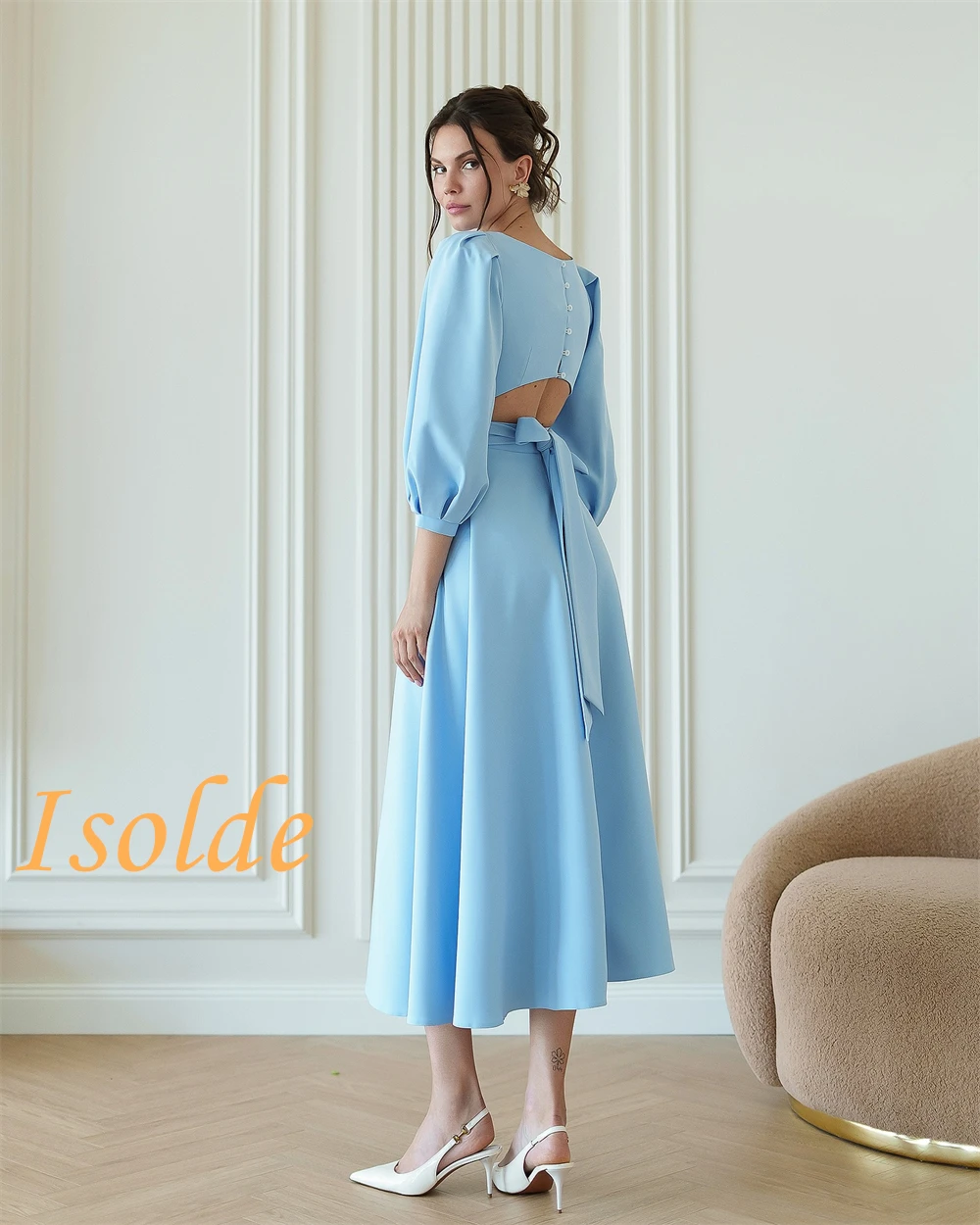 فستان سهرة كلاسيكي أبيض من الجيرسيه مخصص رائع برقبة دائرية 3/4 أكمام فساتين المشاهير الفاخرة للمناسبات الخاصة