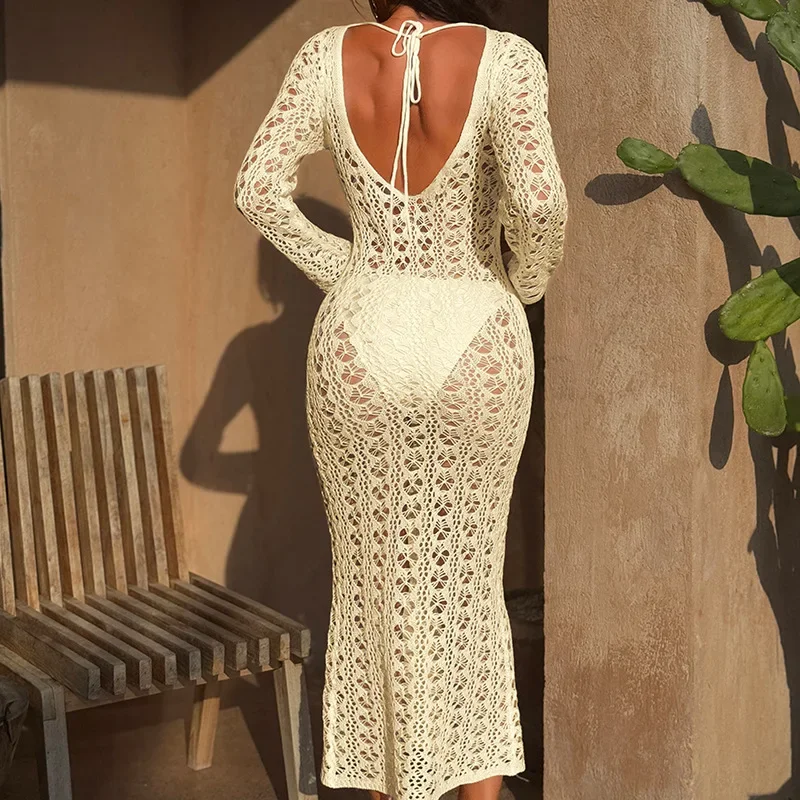 Women's Hollow Knit Halter Neck Blouse with Metal Ring Strap Seaside Vacation Beach Sunscreen Top Skirt & Long Dress Set