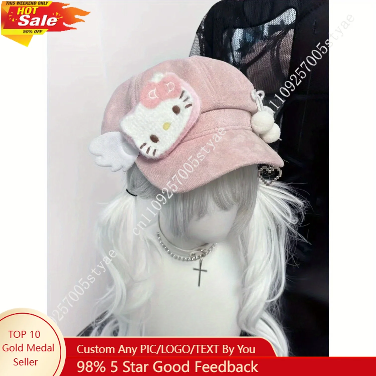 

Sanrio Hello Kitty 3D Cat Pink Hat Otaku Style ACG Beret and Creative 56-58cm for Girls Teen Woman