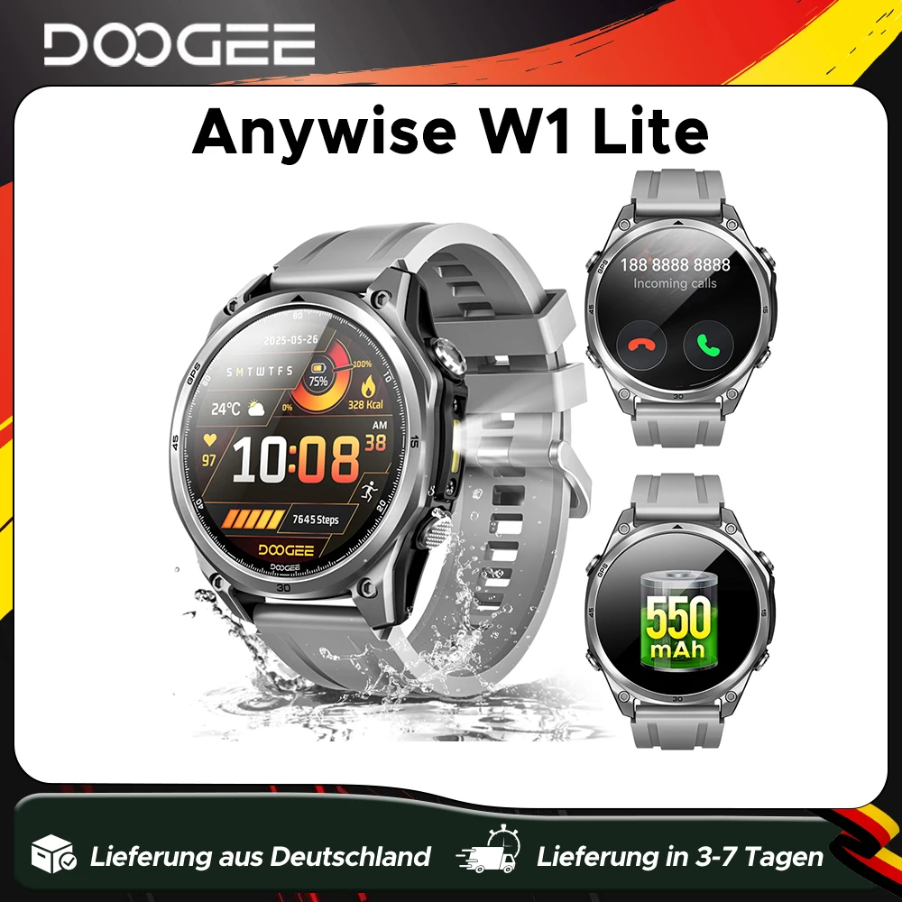 DOOGEE ANYWISE W1 LITE Smartwatch, 5ATM wasserdicht, 178 Sportmodi, 1,43-Zoll-Bildschirm, 24-Stunden-Gesundheitsüberwachung, Erinnerungsfunktion