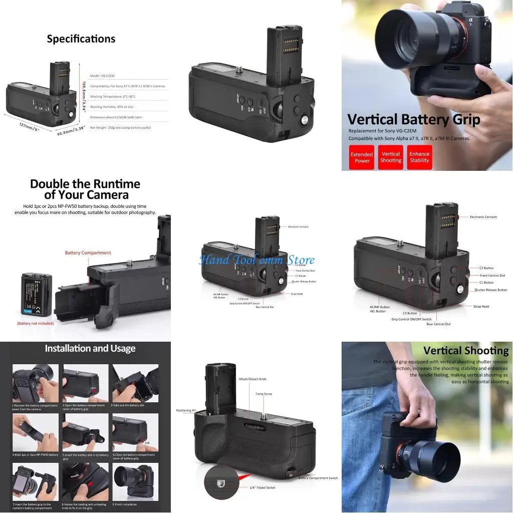 

H37F Вертикальная аккумуляторная ручка VG-C2EM для цифровой камеры A7II A7R2 A7M2 A7S2 Ручка аккумуляторной батареи