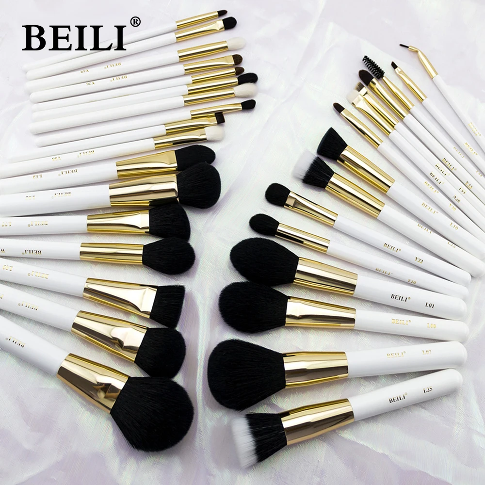 BEILI 32 pieces XGF Goat hair Luxury Professional Makeup brushes set Foundation Powder Blending Concealer Pearl white gold brush