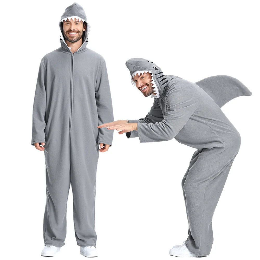 Cute Green Big Tailed Dinosaur Jumpsuit Ocean Shark Costume Halloween Cosplay Party Dress Up Great White Shark Doll Men Pajamas