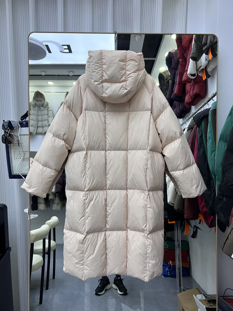2025 inverno nuovo piumino da donna tinta unita semplice e versatile stile lungo con cappuccio sciolto piumino d'anatra bianca