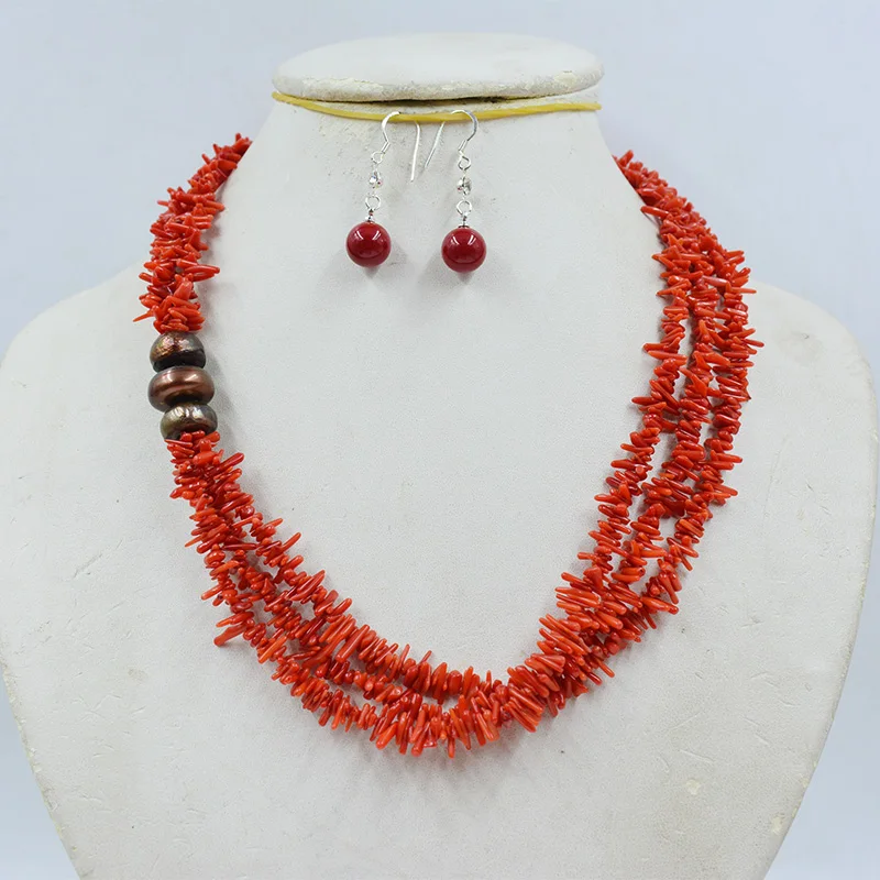 

Natural Irregular Red Coral/Pearl Necklace Earring Set 19”