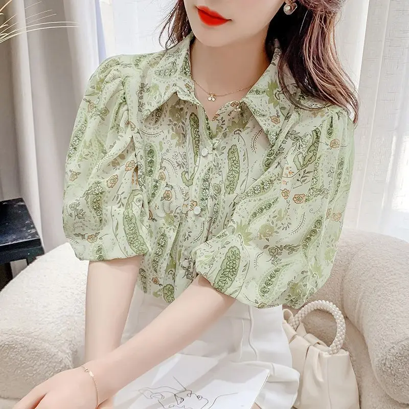 2024 Summer Women's Casual Fashion Elegant Commuting Slim Fit Print Fragmented Flower Waist Design Sense French Chiffon Shirt