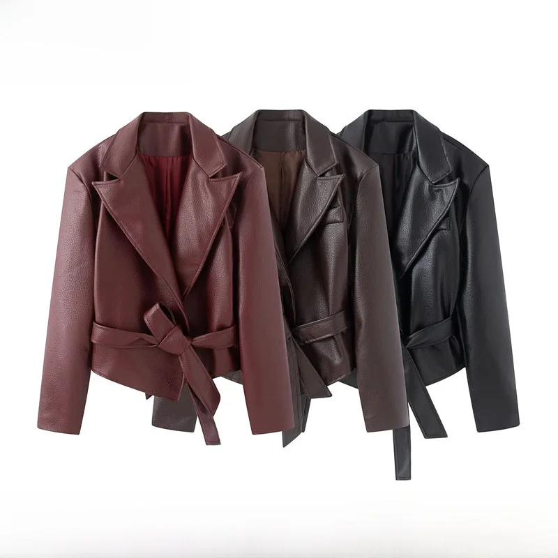 Spring Summer New Arrival Women's Fashion Motorcycle Style Leather Jacket Belted Versatile Cool Trendy Outerwear